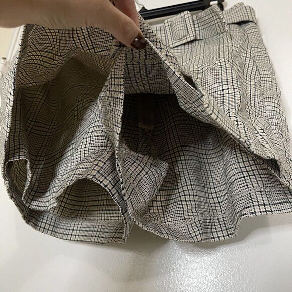 Stradivarius Belted Tan plaid side slit Skirt high waist mini shorts size US 8 - Picture 3 of 5